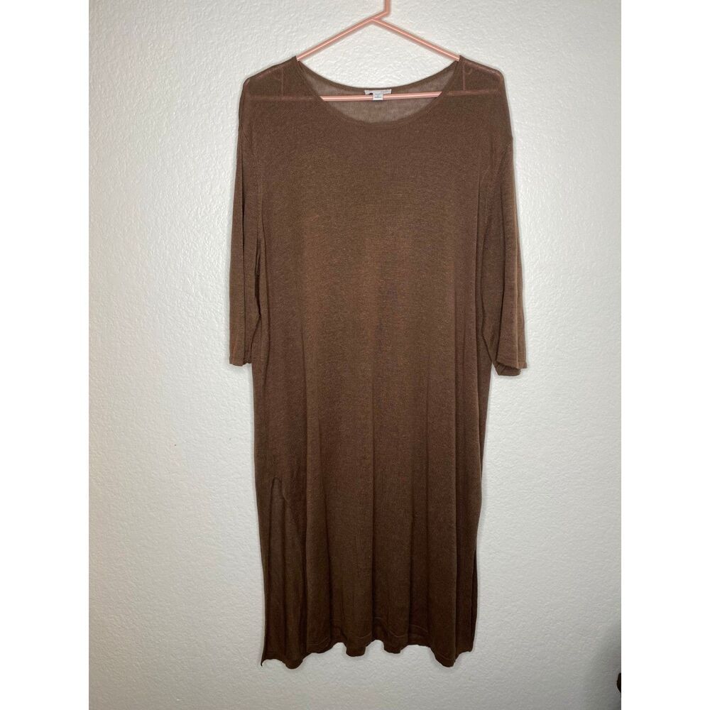 J Jill brown linen blend knit tunic top side slit lagenlook boho coastal 1X